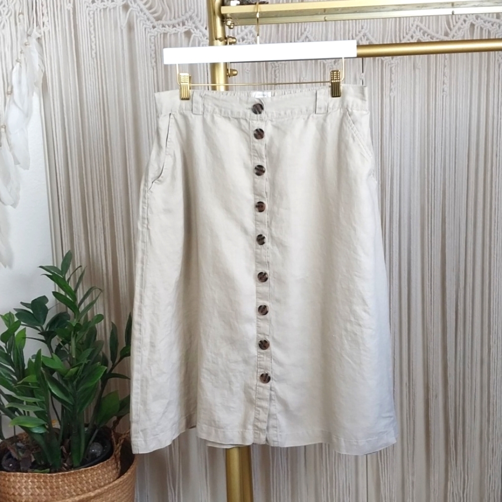 🛍️Christian Siriano 100%Linen Button Up Skirt Khaki Size Large